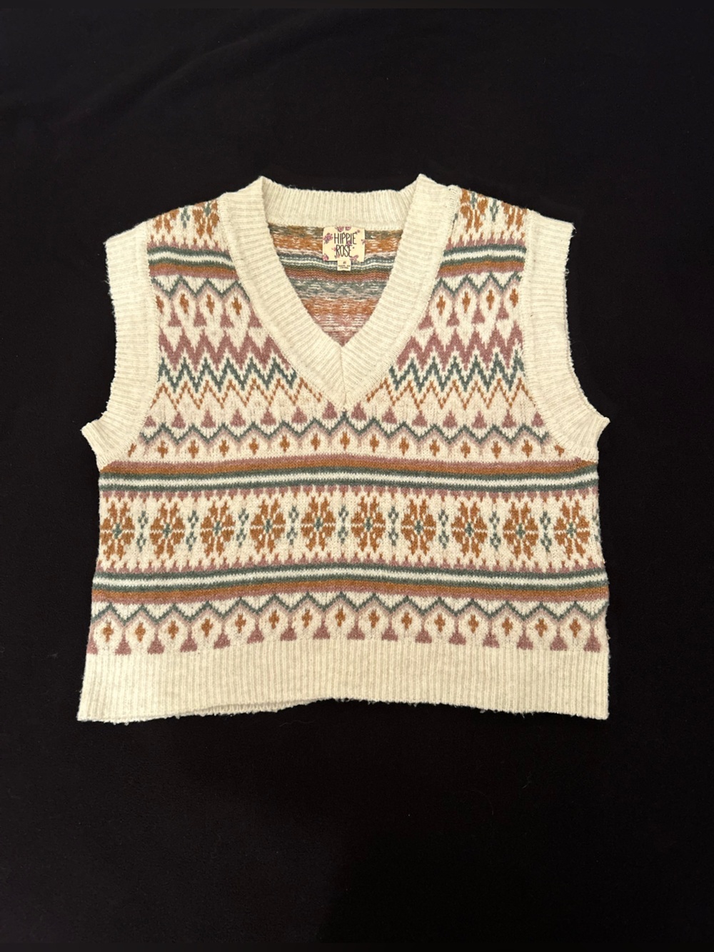 Hippie Rose Cream Fair Isle Knit Sweater Vest with Pink, Green & Tan Accents.